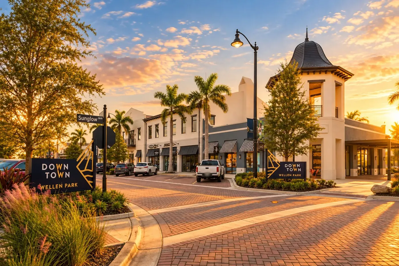 Downtown Wellen sign and a cupola-topped corner building on a brick street at sunset