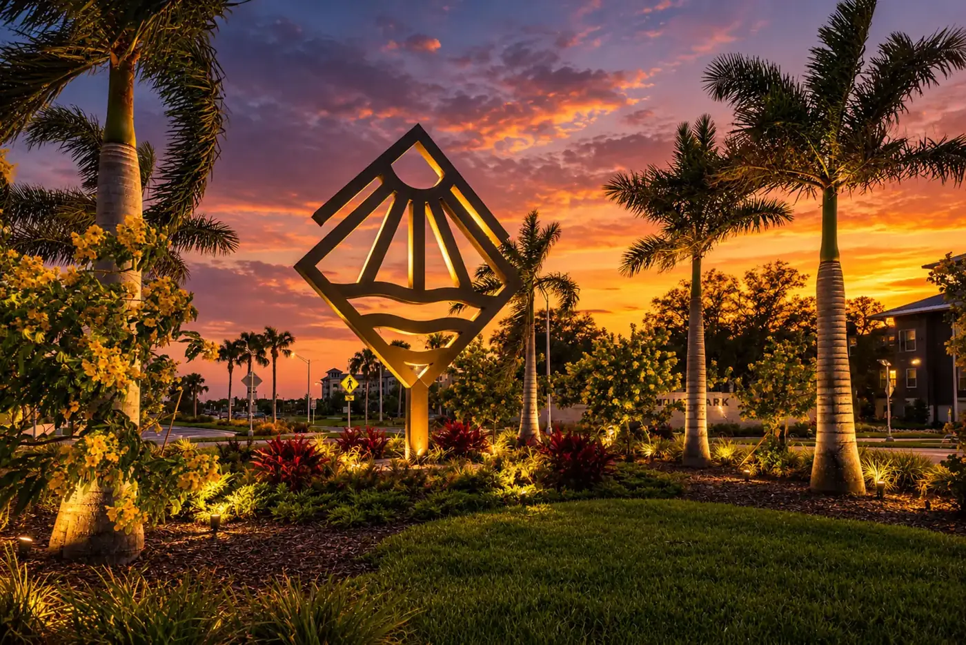 Lit sun-and-waves sculpture among palms under a bright orange sunset sky in Wellen Park